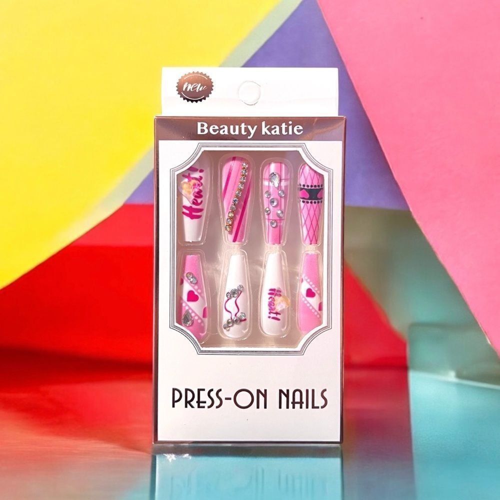 Pink White Red Heart Rhinestone Press On Accent Nails Long Length 12 PCs
